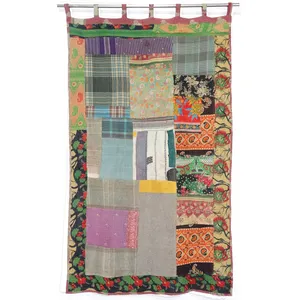 Bohemian reversible handmade vintage cotton sari patchwork Kantha fusion border curtains for hanging