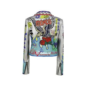 Vestes en cuir à motif graffiti style streetwear automne-printemps pour femmes, veste en cuir PU courte pour motardes avec ceinture - Product Image 3