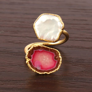 Geoda irregular natural con anillo abierto de perla de agua dulce para mujer chapado en oro ajustable uso diario anillos de ágata natural - Product Image 2