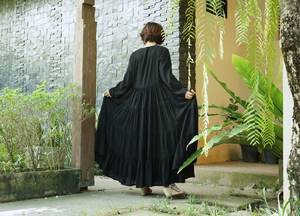 Vestido largo de cintura con escote en O negro de alta calidad para mujer, vestido suelto de estilo bohemio dulce Abaya, vestido tejido hasta el suelo con cintura Natural - Product Image 3