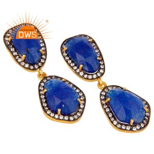 Cz Blue Aventurine <b>Set</b> Classic Turkish Design Girl's Earrings Jewelry Supplier <b>Gold</b> Plated Brass Natural Orthodox Zircon Pyramid - Product Image 2
