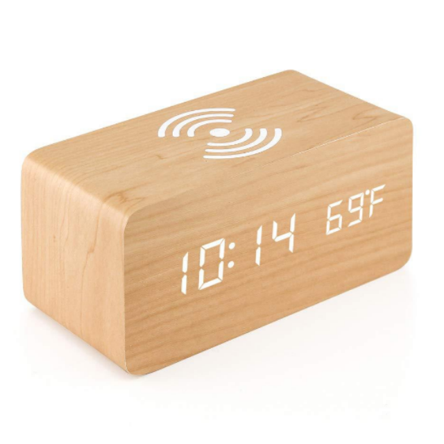 LED Alarm Clock Wooden Digital Electronic Smart Wireless Charging LED Clock for Bedroom Office Home Bedside Living Room