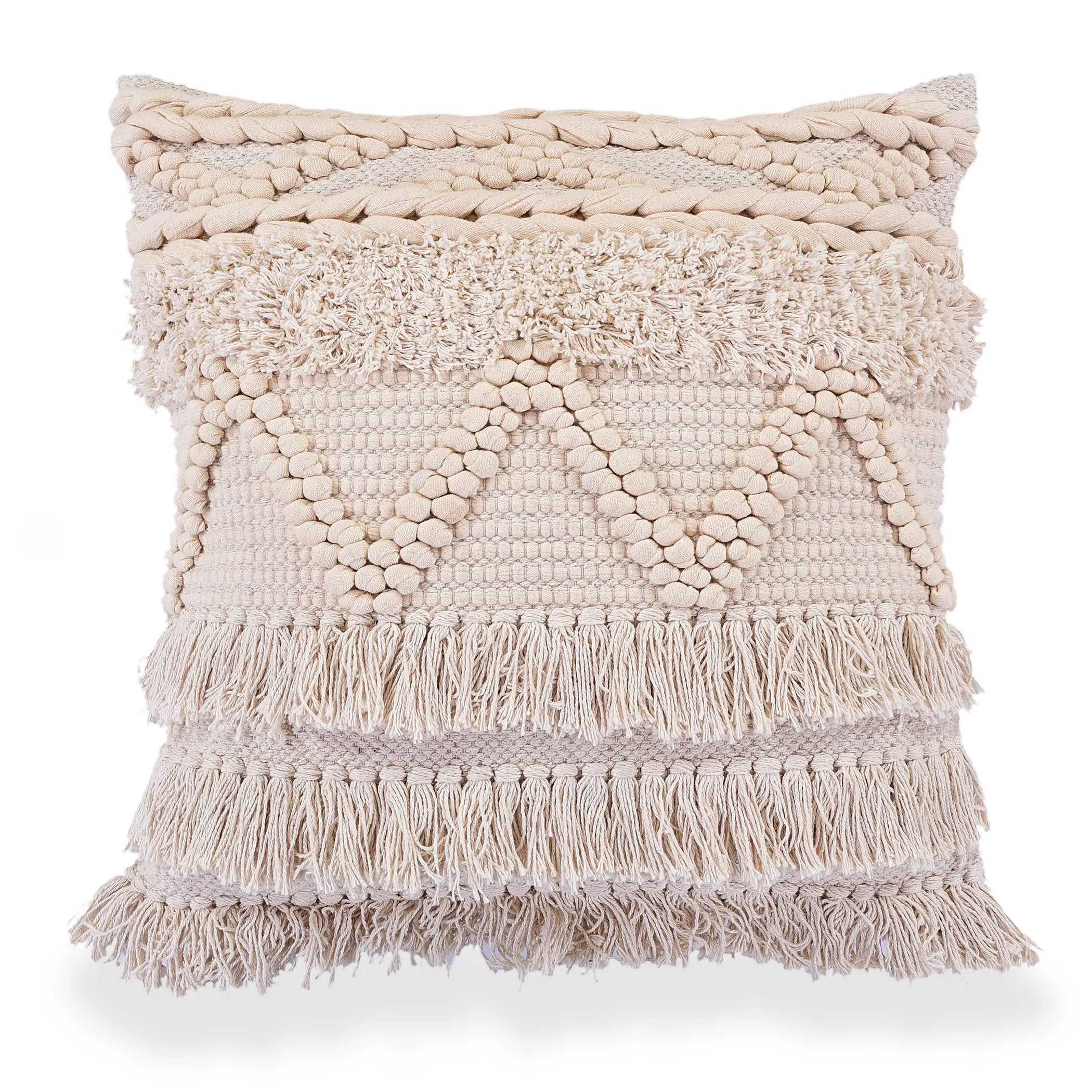 Boho Decorative woven Cushion cover Braided Pattern Pillow Cover with Loop tufts and fringes At cheap price White Pillow case
