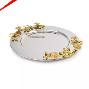 Bandeja de servicio redonda de metal con diseño de flor dorada, bandeja de servicio superior para centro de mesa - Product Image 3