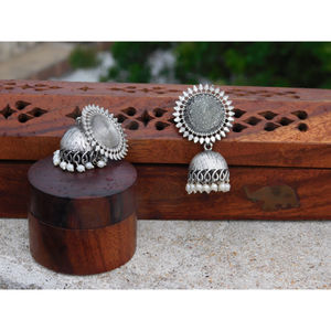 new designer indian style fashion brass silver look alike hoop round shape stud jhumka earings for women and girls - Product Image 3