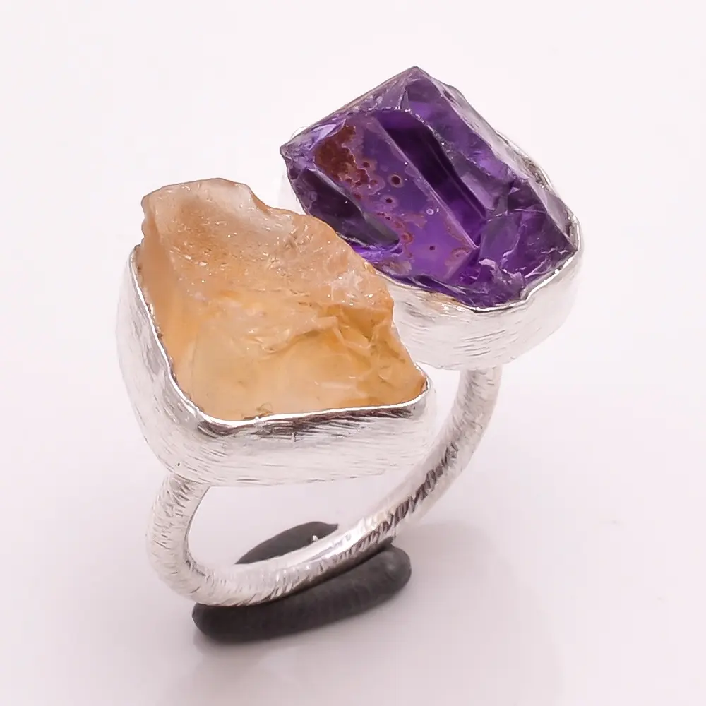 Attractive Two Stones Amethyst Citrine 925 Sterling Silver Ring, Wholesale Silver Jewellery, Handmade Silver Jewellery