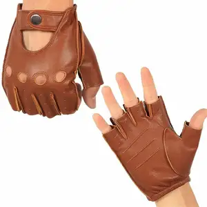 Gants noirs en cuir véritable, antidérapants, accessoires de conduite, de sport, personnalisable, demi-doigt, pour l'extérieur