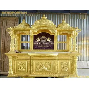 Templo de madera de teca artesanal para el hogar, templo de madera de teca pintado totalmente dorado de gran tamaño