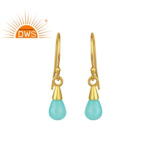 Boucles d'oreilles pendantes tendance en argent sterling plaqué or jaune avec pierre précieuse en calcédoine aqua pour mariage, fête et cadeau - Product Image 1