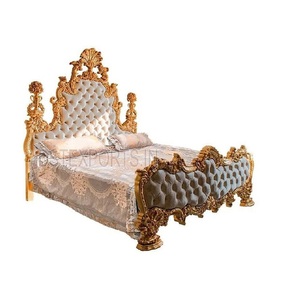 Lit en bois sculpté à la main royal en finition dorée, lit en teck sculpté à la main à dossier haut, lit en bois sculpté antique doré - Product Image 1