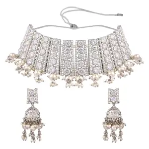 Perhiasan India Anting-Anting Kalung Choker Kristal Mutiara Imitasi Bollywood Set Perhiasan Pernikahan untuk Wanita Perempuan