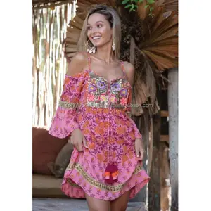 Vestido corto femenino de verano con estampado Floral y hombros descubiertos, minivestido con estampado de flores para mujer, color rosa