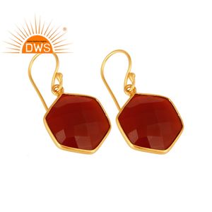 Pendientes de gota hexagonales de ónix rojo facetado, proveedor de joyería de plata de ley chapada en oro, joyería al por mayor - Product Image 2