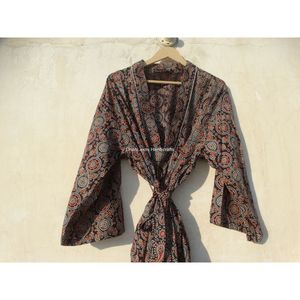 Maxi vestido de verano para mujer Kimono negro Ajrakh parche bloque estampado Hippie estilo bohemio de talla grande al por mayor ropa de dormir camisón indio - Product Image 6
