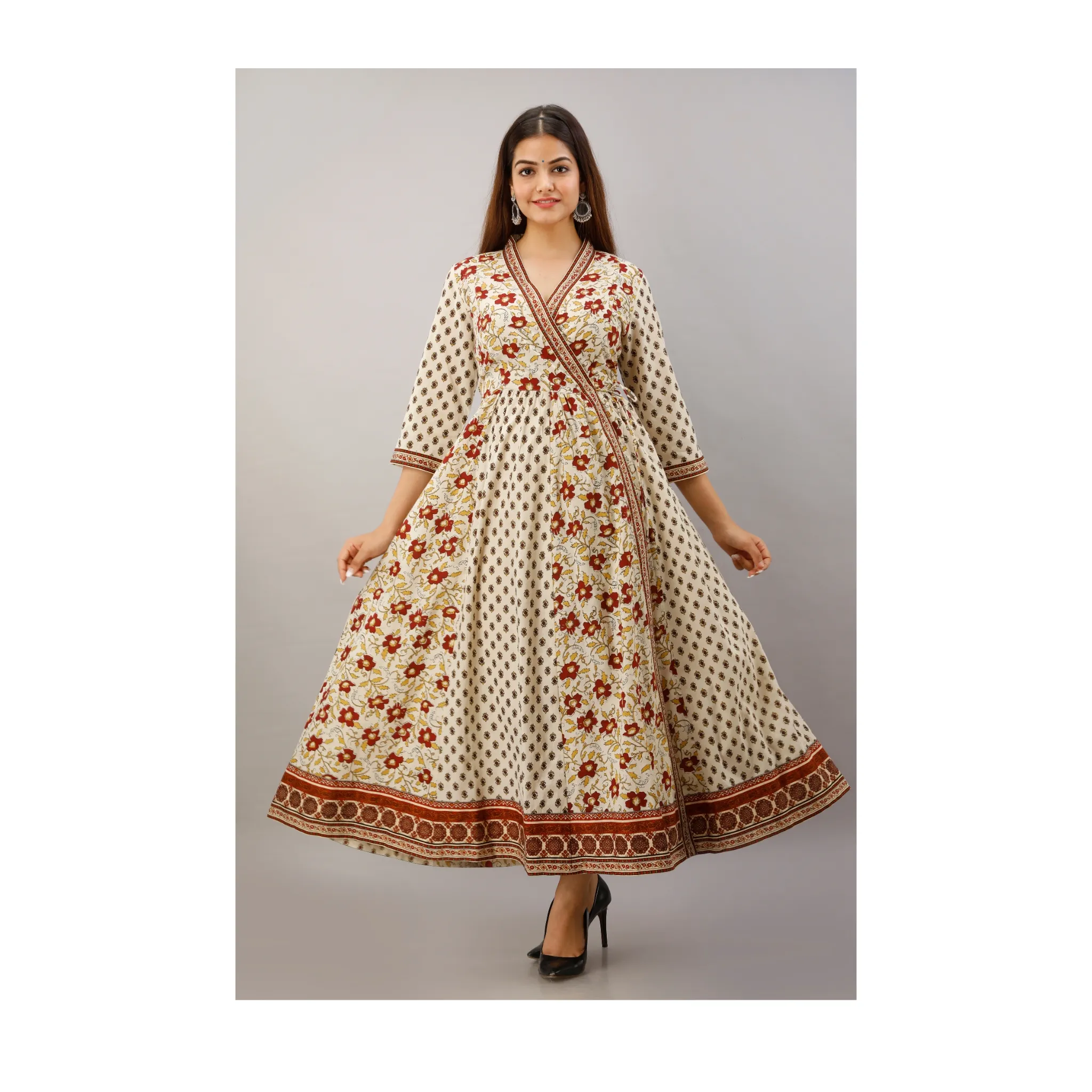 فستان نسائي طويل من القطن من ماركة angrakha Anarkali مطبوع عليه صورة كورتي من الهند من jaipuri مطبوع عليه