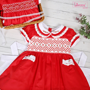 Magnifique robe rouge smockée pour petites filles, design personnalisé, motif géométrique, 100% coton, style décontracté, certifiée OEKO-TEX, non toxique, ODM - Product Image 2