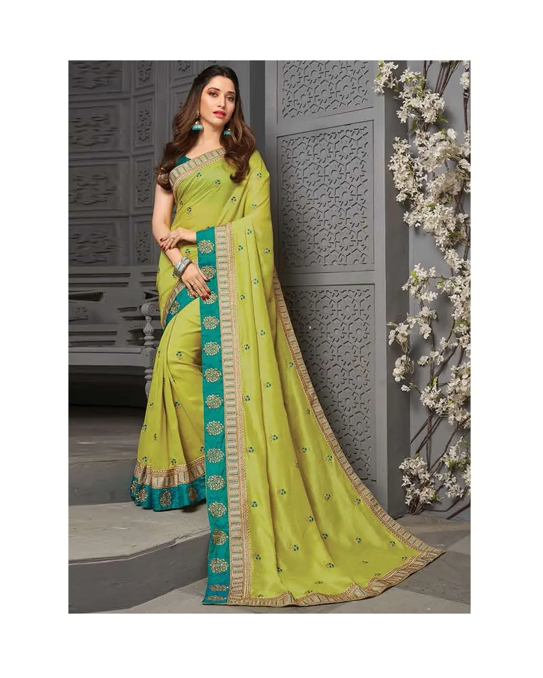 2022 latest design green coloured banglori silk and embroidery work saree with blouse piece in wholesale price in surat