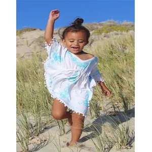 Little Girl's Dream White Embroidered Kids Boho Kaftan Baby Girl Empire Waist V Neck Beach Cover Up Poncho Dress