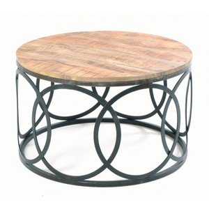 Big <b>Round</b> Coffee <b>Table</b> With Wooden <b>Tray</b> Top and Black Powder Coated Metal Frame Industrial Vintage <b>Table</b> for Living Room - Product Image 4