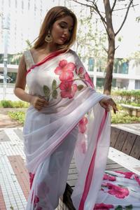 Bollywood Designer Saree Designer Miroir Travail Fleur Conception Doux Soie Tissu Impression Numérique Marron Couleur Sari Avec Blouse Inde Ethnique - Product Image 5