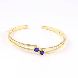 Brazalete de cuarzo azul redondo de 5mm, conjunto de collar hecho a mano, chapado en oro de 24k, brazaletes de doble capa de dos piedras ajustables - Product Image 3