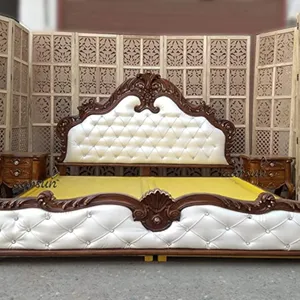 Популярная королевская французская королевская кровать в европейском стиле, роскошная классическая кожаная Резная Кровать под старину из массива дерева