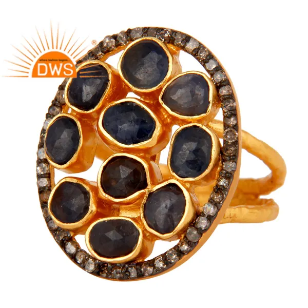 Handmade 18k Gold Plated Sterling Silver Cocktail Ring Jewelry Supplier High Quality Pave Diamond Blue Sapphire Ring