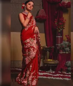 Sram — Saree en soie pour femmes et filles, vêtements ethniques indiens et du pakistan, tenue fantaisie de mariage, Style bollywear, rouge