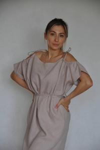 Vestido formal de lino transpirable hasta la rodilla con hombros descubiertos, mangas con hombros descubiertos, corte regular, cintura natural, color liso, para verano - Product Image 3
