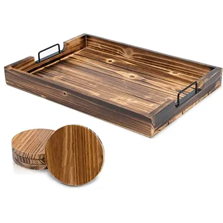 Buy Natural Wooden With Metal Combo Design Tray Serving Food Design Indoor Colored Shiny Polished Wooden Tray Design Trays