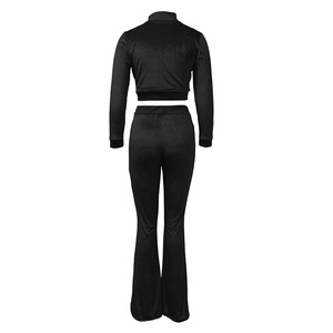 PIHA SPORTS Custom Logo Women's Winter Sporty 2-Piece Velour Zip-Up Crop Jacket Bell Bottoms <b>Pants</b> Pockets Tracksuit - Product Image 3