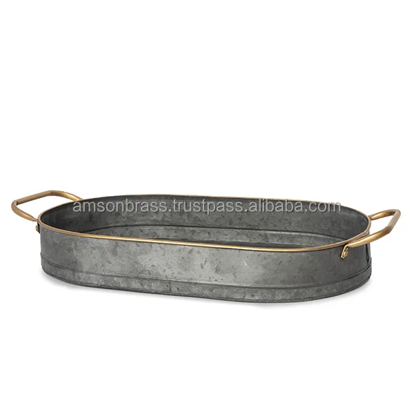Grande vassoio di metallo lato manico grigio zincato vassoio di forma ovale in metallo in ferro con manico in oro traforato supporto vassoio