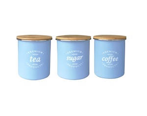 Metal Galvanized Set of 3 Canister Coffee Tea Sugar Food Storage <b>Container</b> Jare Crock with Metal <b>Bamboo</b> Lid - Product Image 1
