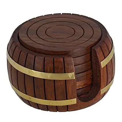 Sottobicchiere in legno di Mango di alta qualità rotondo marrone lucido con scatola sottobicchieri da caffè in ottone