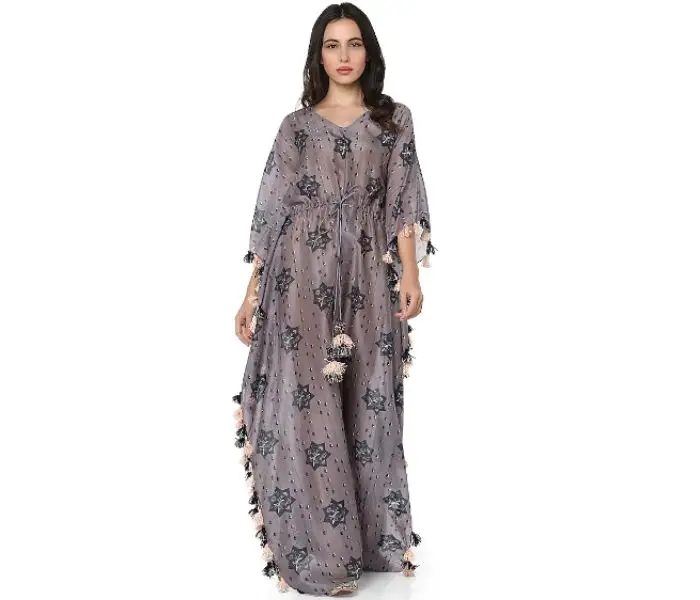 Gaun lengan panjang motif Kaftan sutra Bohemian musim panas gaun penutup pantai kasual Motif renda wanita