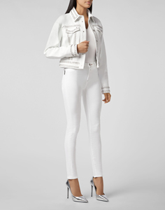 Chaqueta de cuero con cierre de cremallera para mujer, nuevo diseño, 2021, tachuelas y pinchos, color blanco - Product Image 2