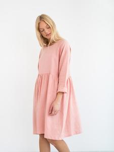 2025 Pretty Pink cautivador señoras manga larga suelta Midi vestido de lino de talla grande Color sólido otoño Boho mujeres elegante túnica - Product Image 2