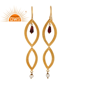New Designer Gold Plated Silver Hook <b>Dangle</b> <b>Earrings</b> Natural Garnet & White Pearl Gemstone Jewelry Wholesaler - Product Image 1