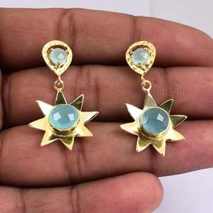 2021 925 Sterling <b>silver</b> bezel setting chalcedony topaz gemstone gold plated stud <b>dangle</b> <b>earrings</b> wholesale jewelry - Product Image 2