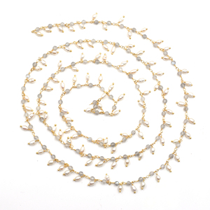 Pearl & Labradorite Faceted Rondelle Rosary Chain 3–4mm Brass 18K Gold Plated <b>Wire</b> Wrapped Gemstone Chain Sold by Foot - Product Image 2