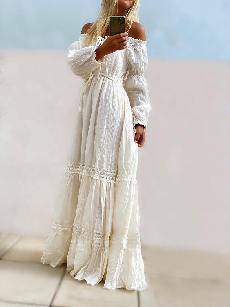 Boho Strapless Maxi Dress with Lace - Perfect for Summer