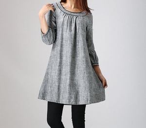 Robe d'été formelle pour femme, longueur genou, en lin gris uni, manches longues, col rond, coupe classique, tissée, respirante, brodée - Product Image 1