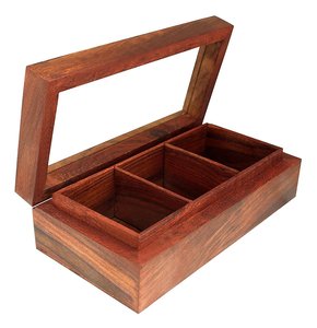 Wooden <b>Spice</b> Box with 3 Compartments and Glass Lid for Herb Storage with Wooden Spoon Included - Product Image 2