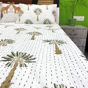 Couvre-lit à 2 couches avec motif imprimé palmier vert Kantha Couvre-lit à usage domestique et hôtelier - Product Image 6
