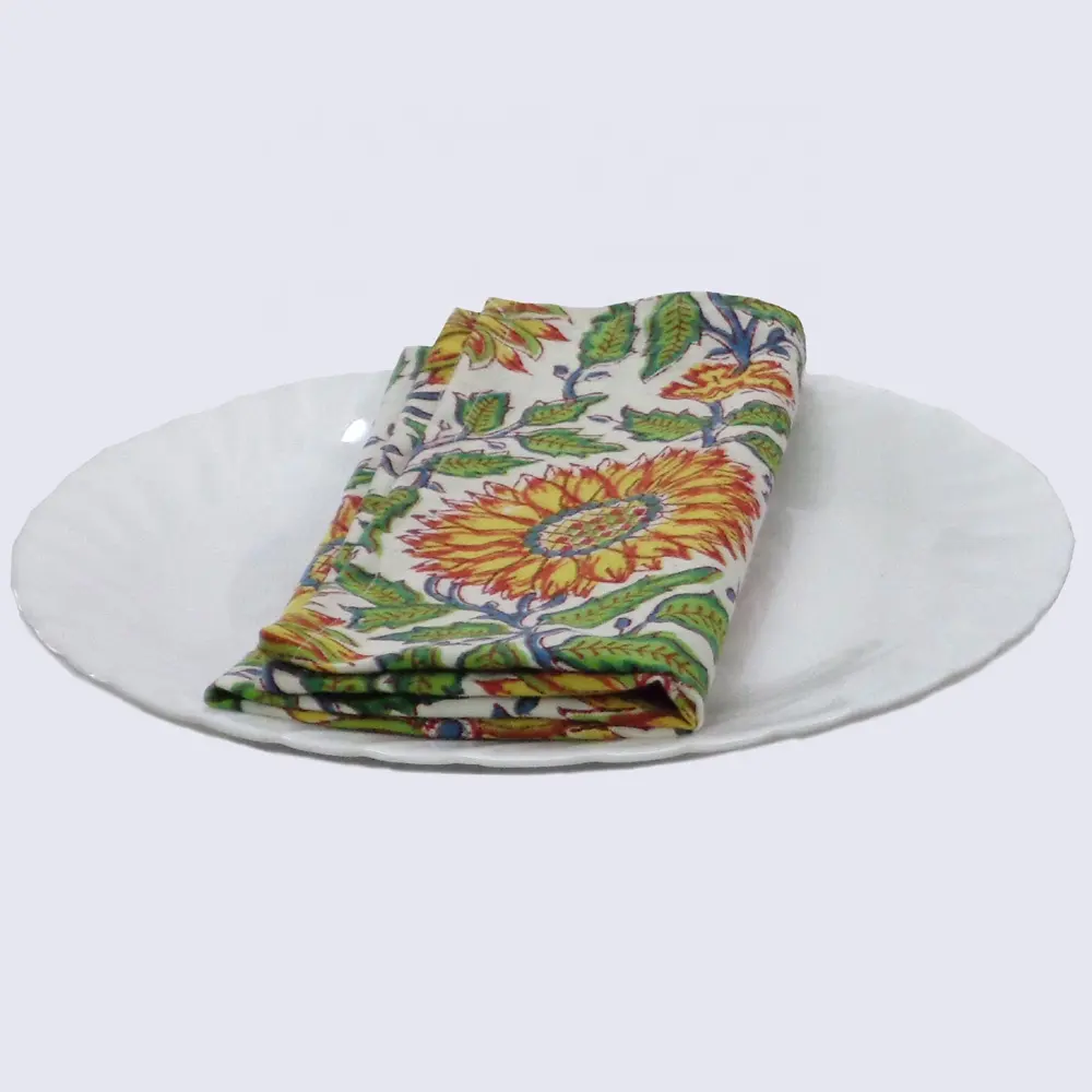 Indian Surajmukhi Canary Open Hand Block Printed Cotton Cloth Table Napkin For Sale