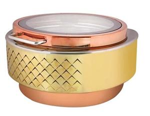 Circular Gold Chafing Dish With Diamond Pattern And Copper Trim <b>Warming</b> Equipment - Product Image 1