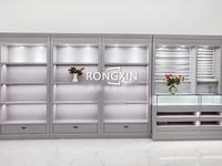Étagères d'affichage LED avec panneau arrière en MDF gris, meubles personnalisés, rangement mural pour boutique, étagère d'affichage avec tiroirs