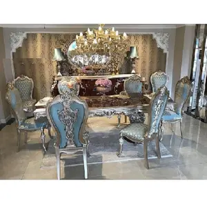 皇家银色饰面餐厅家具银色金属手工雕刻餐桌和椅子6座豪华餐桌套装