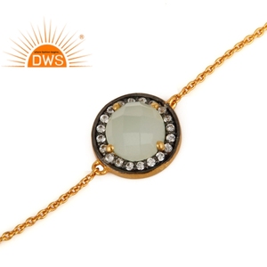 Girls Fashion 18k Gold Plated 925 Silver Chain Link Bracelet Jewelry Supplier Round Prehnite Chalcedony Bracelet - Product Image 2