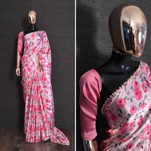 Sari Japonés Pesado de Satén con Borde de Encaje de Perlas / Sari de Seda Crepé con Blusa de Seda Pesada - Product Image 5